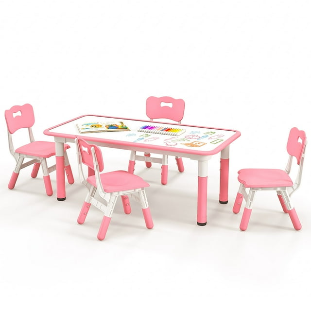 Gymax Ensemble Table Réglable en Hauteur pour Enfants et 4 Chaises avec Dessus de Table Graffiti Rose