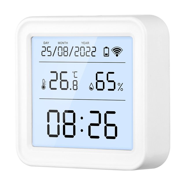 Trabajo de Digitaces del contraluz del monitor de la temperatura de WIFI con el ayudante de Alexa Google