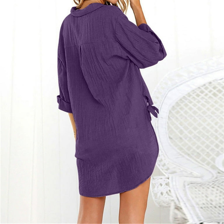Women's Loose Button Long Shirt Dress - Cotton-Polyester Blend, V Neck,  Long Sleeve, Side Knotted Hem - M-XXXL Sizes, Casual/Work Wear