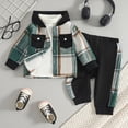 thumbnail image 2 of Zuwimk Boy Clothes Fall Winter Outfits Long Sleeve Plaid Patchwork Button Down Shirt + Casual Pocket Sweatpants(Green,18-24 Months), 2 of 9