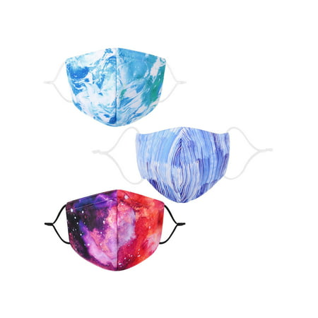 3 Pack Cloth Face Mask Reuseable Washable Print Mouth Mask Cover Galaxy Blue/Galaxy Red/Stripes