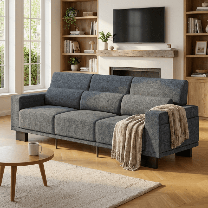 89”Chenille Upholstered 3-Seat Couch, Stylish Modern Design with Broad Armrests & Thick Cushions, Perfect for Home, Apartment & Living Area, Dark Grey