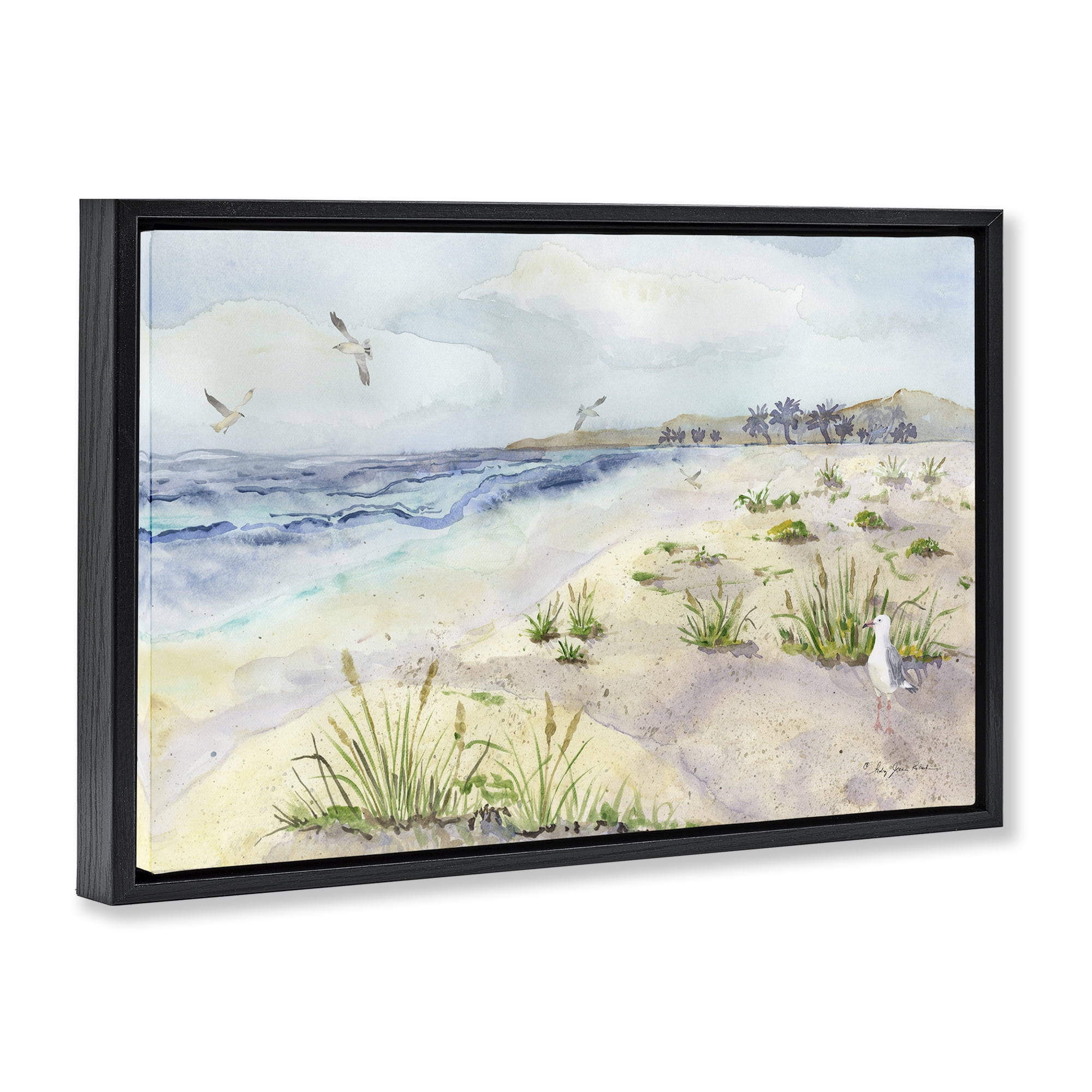 Stupell Industries Seagulls Over Beach Landscape Painting Black Floater Framed Canvas Art Print Wall Art, 25 x 17