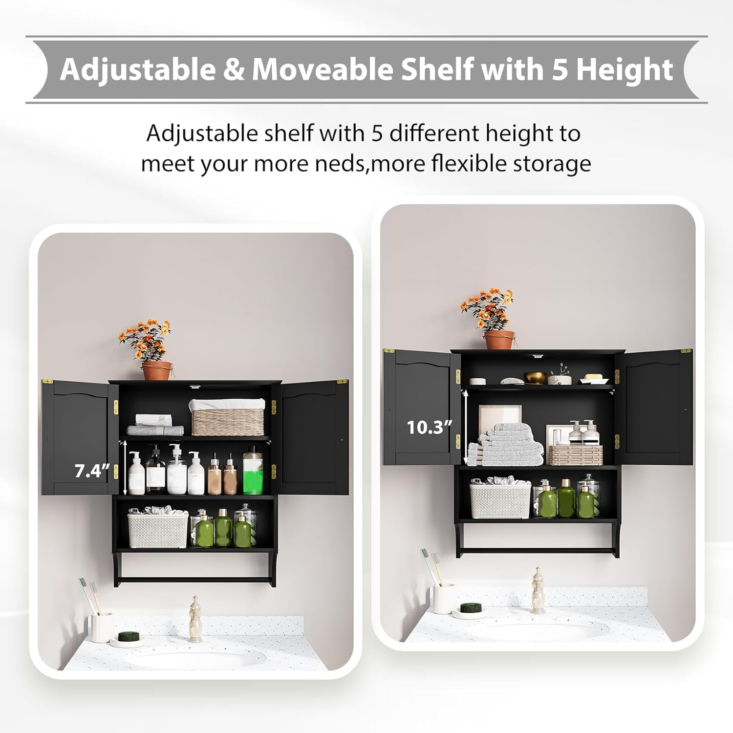 Semiocthome Bathroom Medicine Cabinet Wall Mounted Storage with Towel Bar and 2 Door in Black