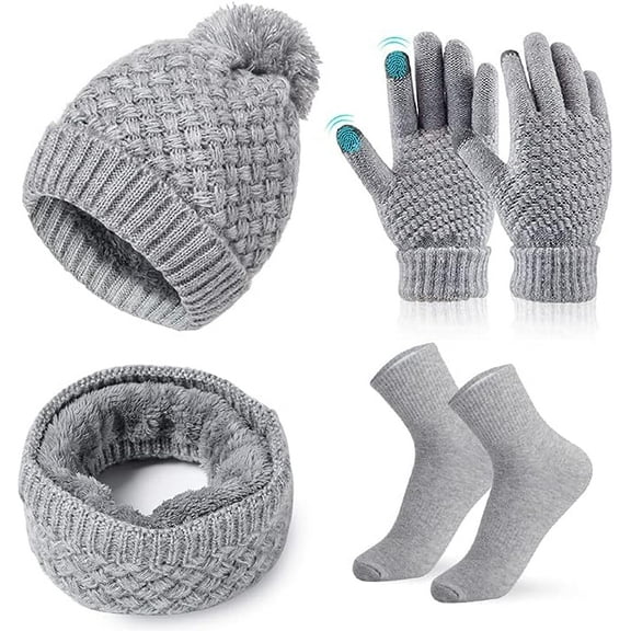 AYUQI 4 in 1 Winter Hat Scarf Gloves Set, Beanie Hat and Scarf Set with Touchscreen Gloves Socks,Warm Thick Knit Fleece Lined Skiing Beanie Gift Set for Women Winter Outdoor Sports