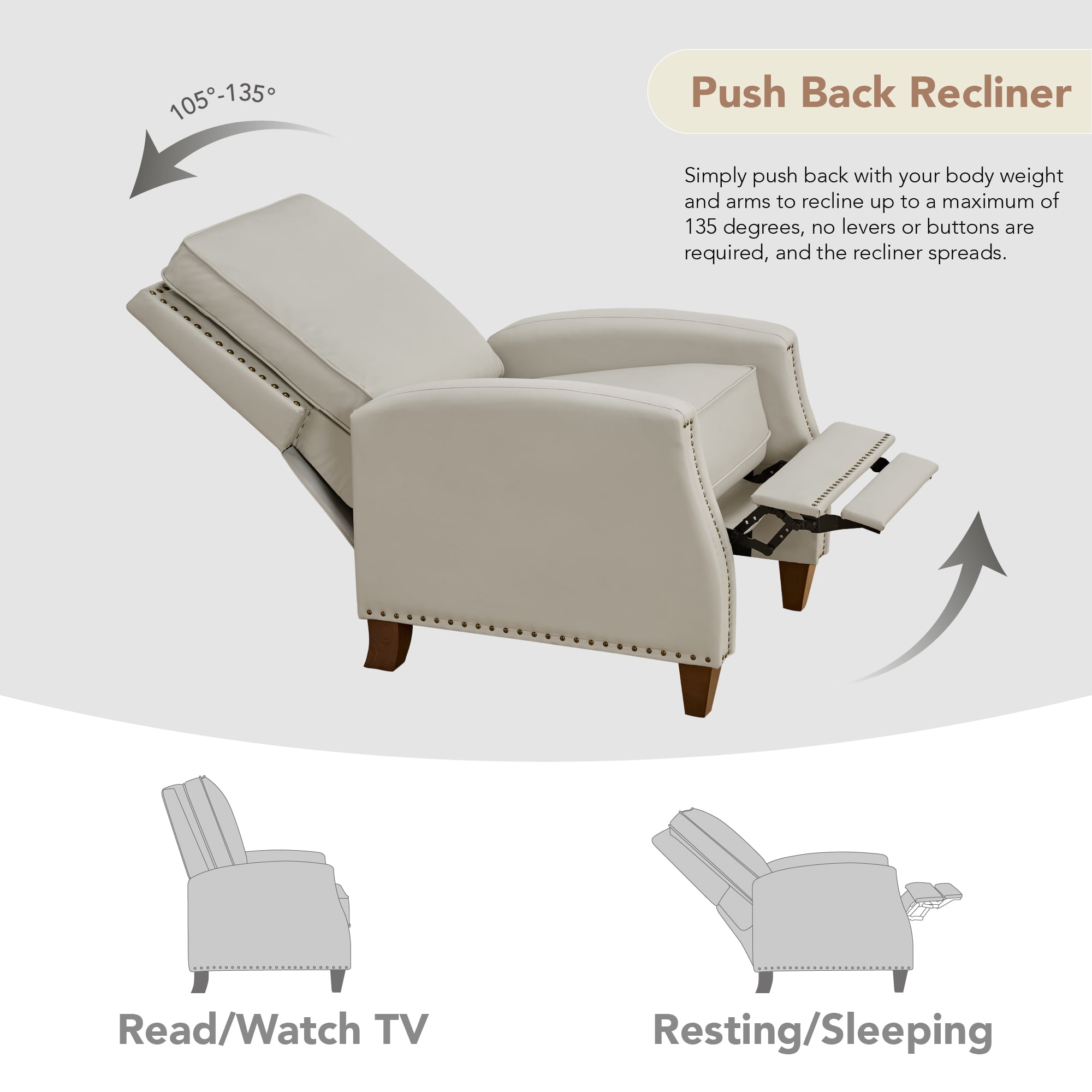 Spruce & Spring Classic Push-Back Recliner with Nailhead Trim for Living Room, Beige