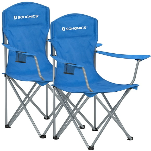 SONGMICS Silla de Camping, Juego de 2 Sillas de Exterior, Respaldo Alto, Apoyabrazos, Bolsillo para Tazas, Portátil, Plegable, Carga de 330 lbs, Acampada, Jardín, Pesca, Terraza, Azul