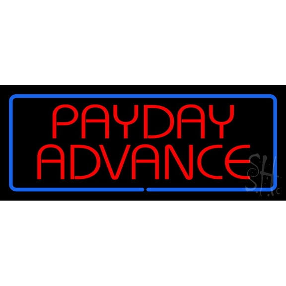 Red Payday Advance with Blue Border LED Neon Sign 13 x 32 - inches, Black Square Cut Acrylic Backing, with Dimmer - Bright and Premium built indoor LED Neon Sign for Pawn shop, and storefront.