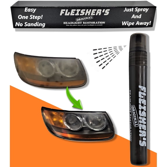 FLEISHERS ORIGINAL HEADLIGHT RESTORATION SPRAY  Cleans yellow haze off car headlights One step kit No sanding or tools Saves the original UV coating! Just spray the headlight and wipe off with towel