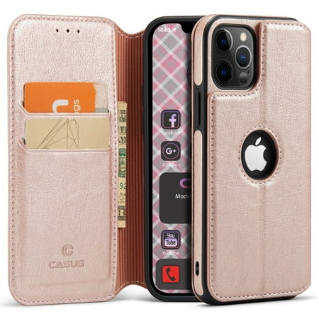 Casus Classic Wallet Case Leather Logo View Card Holder Cover for Apple iPhone 12 - Rose Gold