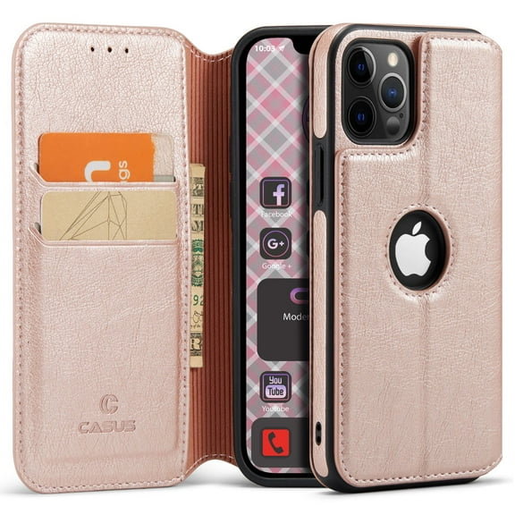 Casus Classic Wallet Case Leather Logo View Card Holder Cover for Apple iPhone 12 Pro Max - Rose Gold