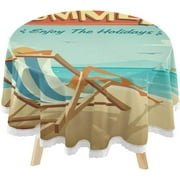 SKYSONIC Hello Summer Seaside Round Tablecloth 60inch Indoor Wrinkle Free, Sandy Beach Holiday Circular Lace Table Cover Washable for Kitchen Party BBQ Dining Decor