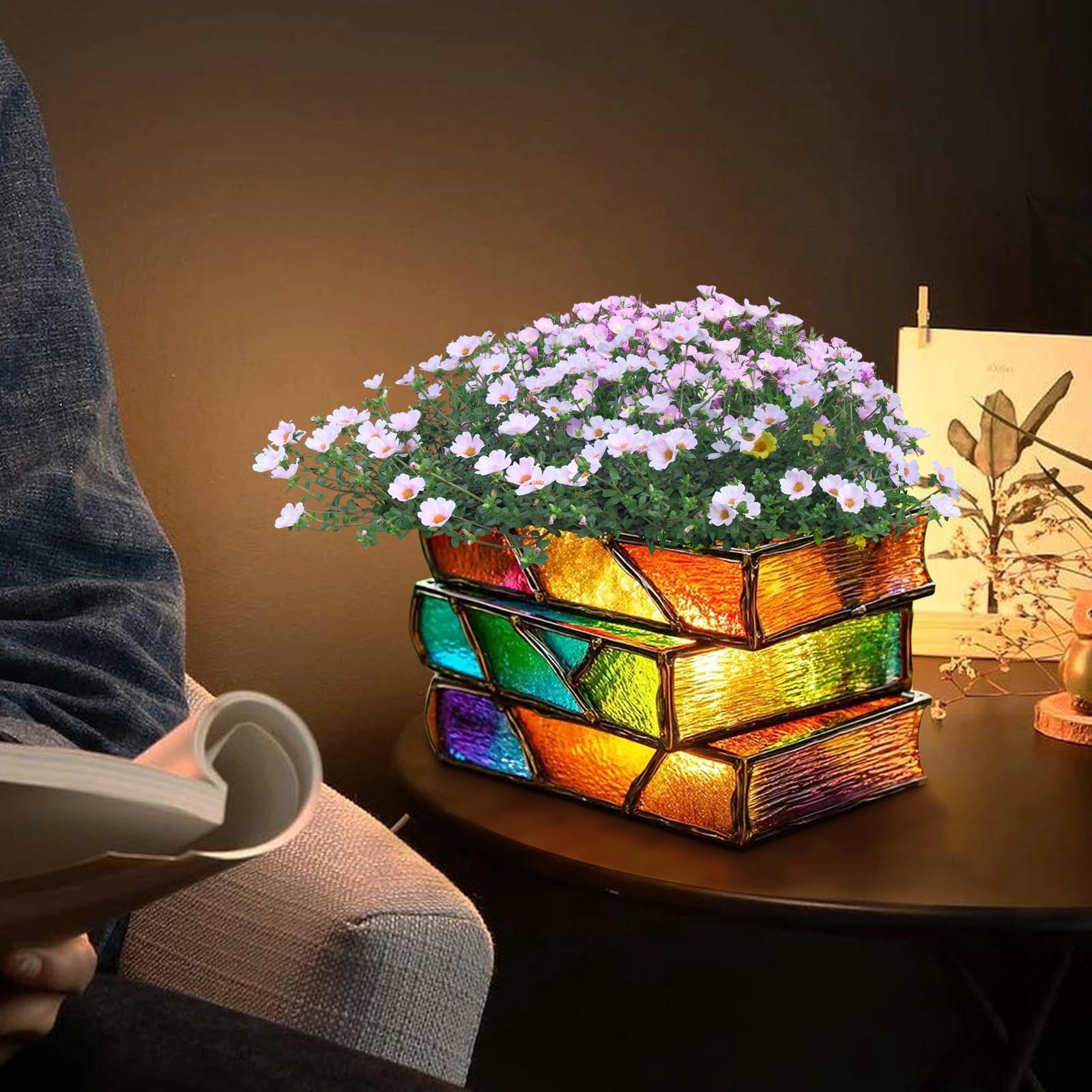YardVibe Books Flower Planter, Stacked Books Flower Pot, Flower Pots for Indoor Plants, Decorative Flower Pots with Drainage Hole, Novelty 3D Painted, Resin Crafts Ornaments Gift