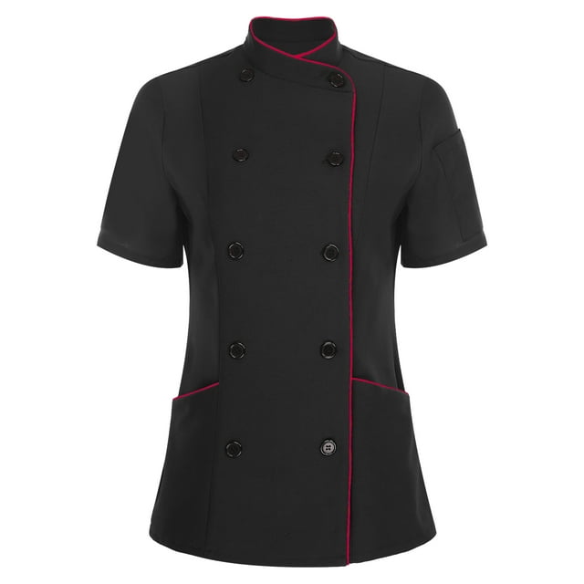 iefiel Women's Short Sleeve Cross Collar Chef Coat Double Breasted Chef Jacket Kitchen Restaurant Work Uniform Black M