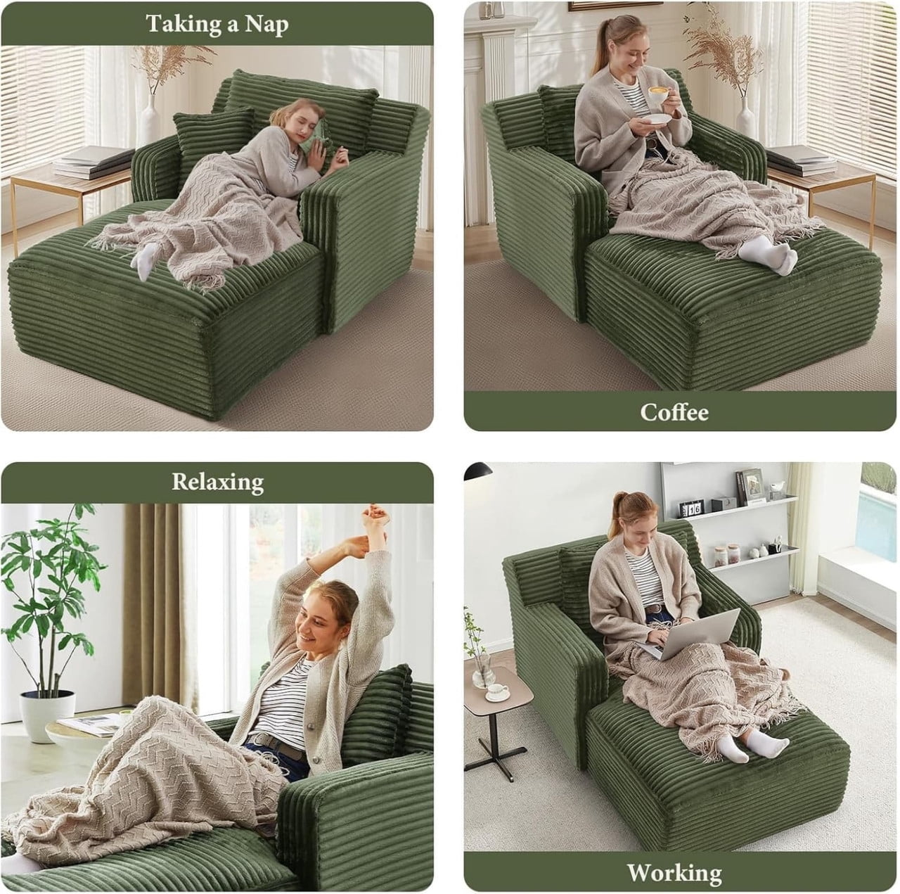 Indoor Single Chaise Lounge Sofa Chair, Modern Corduroy Upholstery Sleeper Bed Lounger Sofa Chair for Living Room,Office,Apartment, 39.4''x65.4''