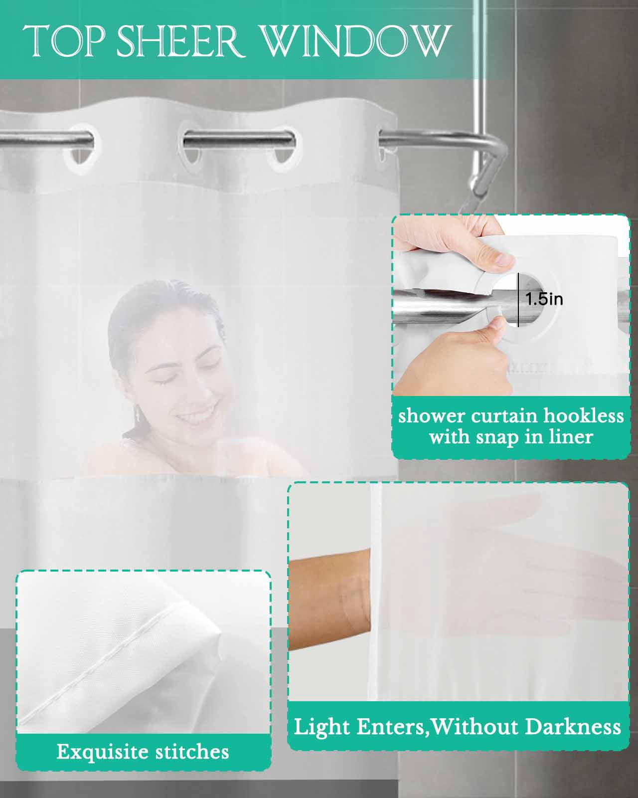 No Hook Shower Curtain with Snap in Liner, Black and Grey Striped Gradient Rustic Wood Board Hotel Shower Curtains for Bathroom, Washable Shower Curtain Liner Set with Mesh Top Window, 72"x96"