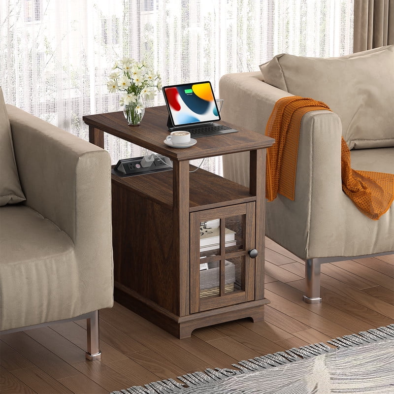 PLAMLE End Tables for Living Room with Storage Shelf,Narrow Sofa Side Table Slim Chair Side Table Adjustable Feet End table for Bedroom