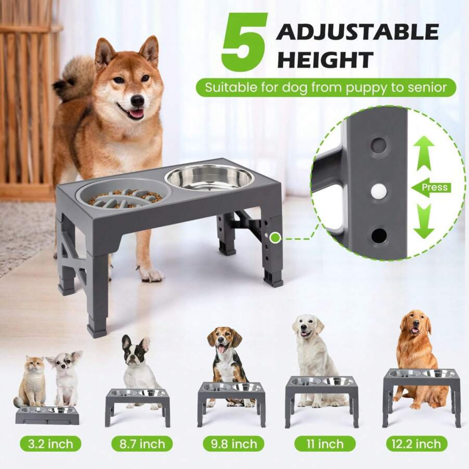 NTGFU Grey 5 Adjustable Heights Raised Dog Bowl Stand with 2 Stainless Steel Dog Food Bowls and 1 Slow Feeder Dog Bowl, Adjusts To Height 3.2" To 12.2" for Small Medium Large Dogs
