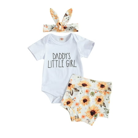

Ma&Baby Newborn Baby Girls Clothes Set Toddlers Summer Short Sleeve Letter Romper Sunflower Printing Shorts+Headwear Set