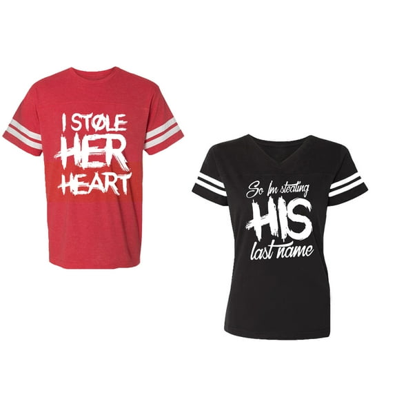 I Stole Her Heart So I am Stealing His Last Name Unisex Couple Matching Cotton Jersey style T-Shirt Contrasting stripes on sleeves (Men Red / Women Black) (Men S / Women S)