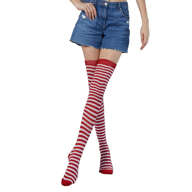 Minnieouse Paquete de 2 calcetines a rayas de talla grande hasta el muslo, elasticidad, transpirabilidad, cómodos, cálidos, apariencia de moda, Medias rojo blanco