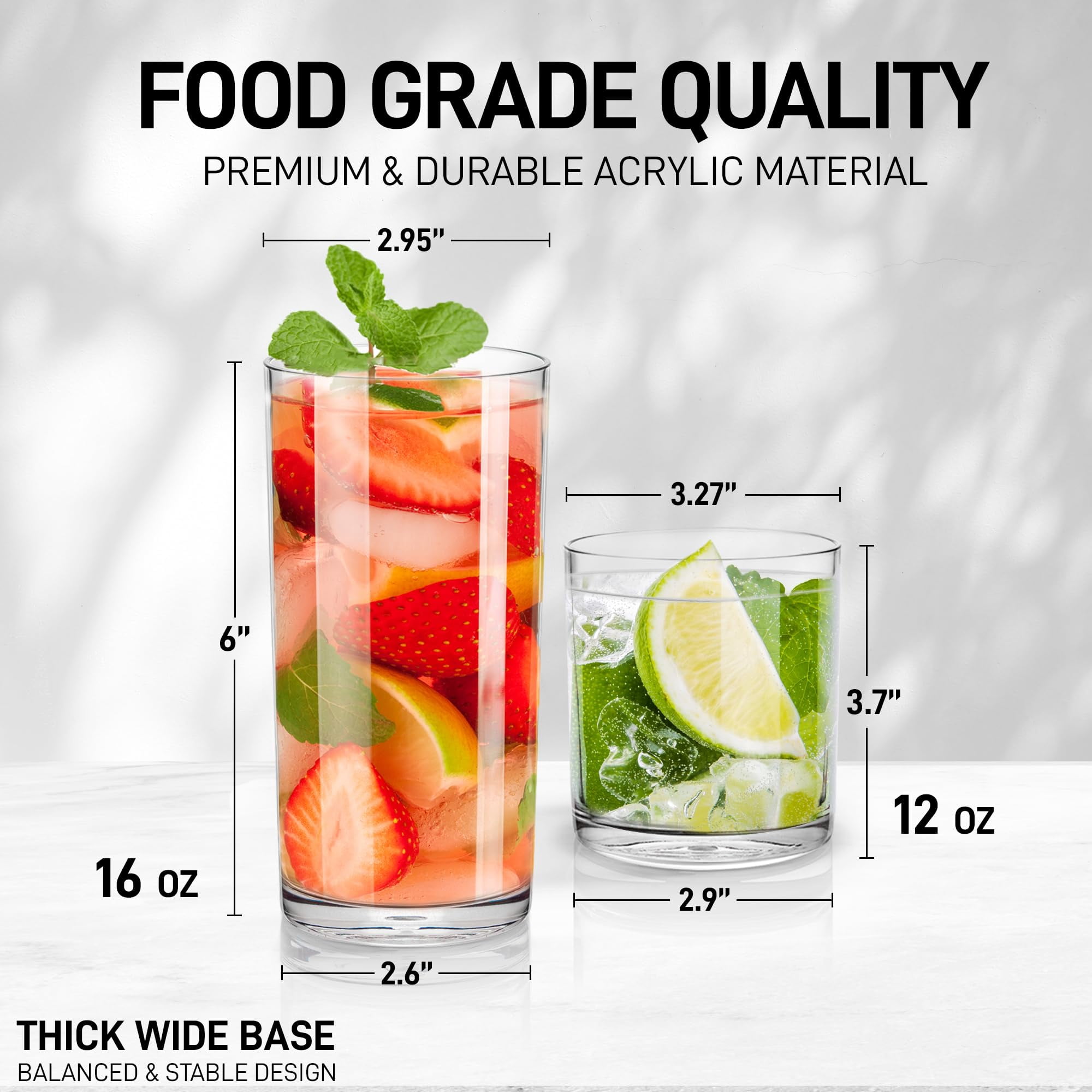 Zulay Kitchen Clear Plastic Drinking Glasses Set of 8 - Acrylic 12 oz & 16 oz  Beverage Tumblers, Shatterproof