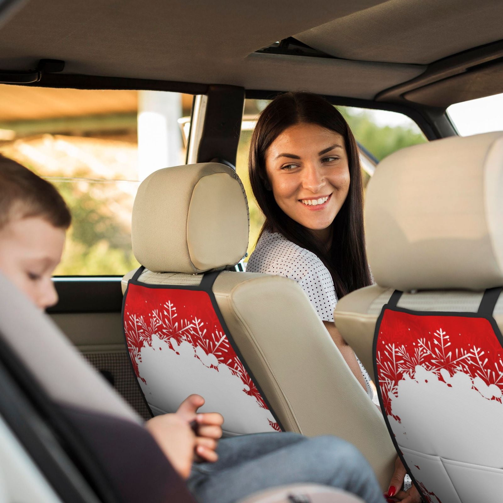 Xecao Winter Christmas Snowflake Pattern Car Seat Back Protector 2 Pack Large Capacity Pocket, Kick Mats Back Seat Protector