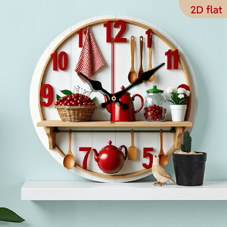Vintage Farmhouse Kitchen Wooden Wall Clock - Red Cherry & Teapot Design, Wooden Quartz Movement, Rustic Home Decor For Cafe, Garage, Or Cooking Space, Durable & High-Quality Craftsmanship