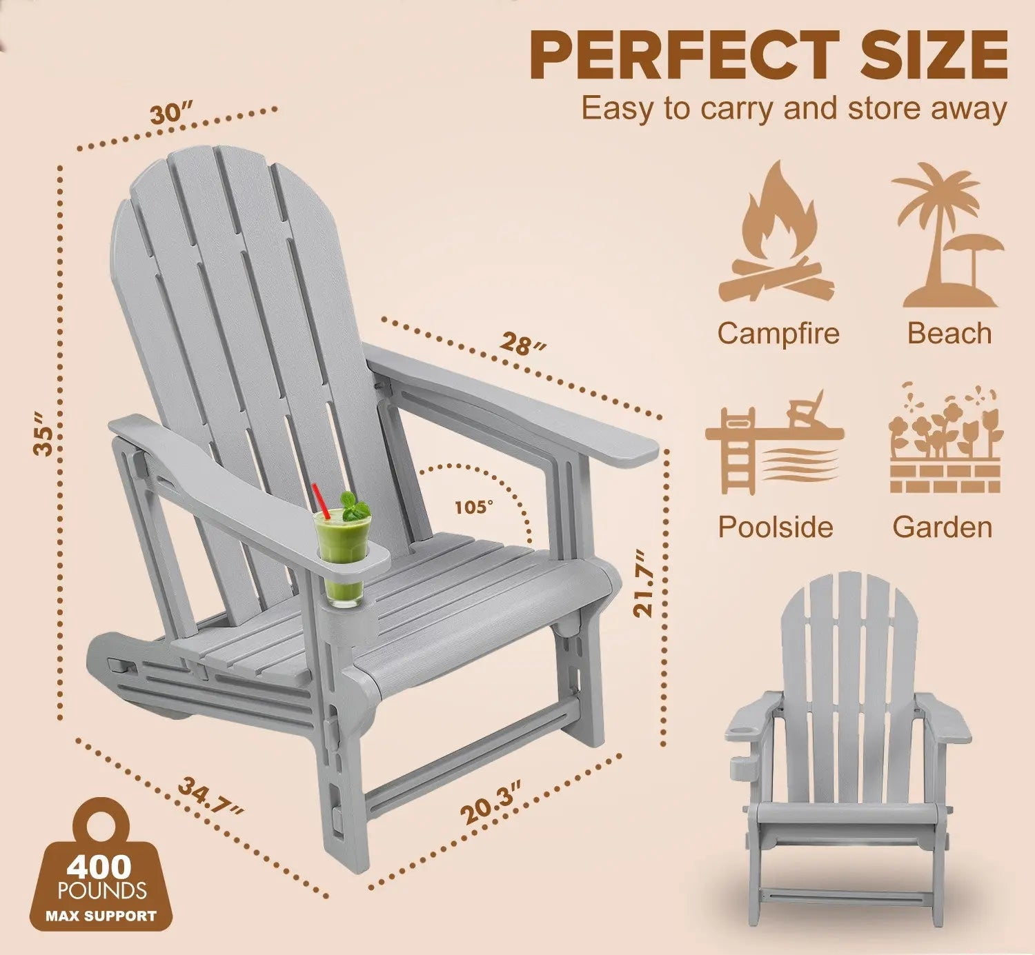 ENFIRE Adirondack Chair HDPE – Weather-Resistant, Tool-Free 5-Minute Assembly for Patio, Fire Pit, or Lawn Gray
