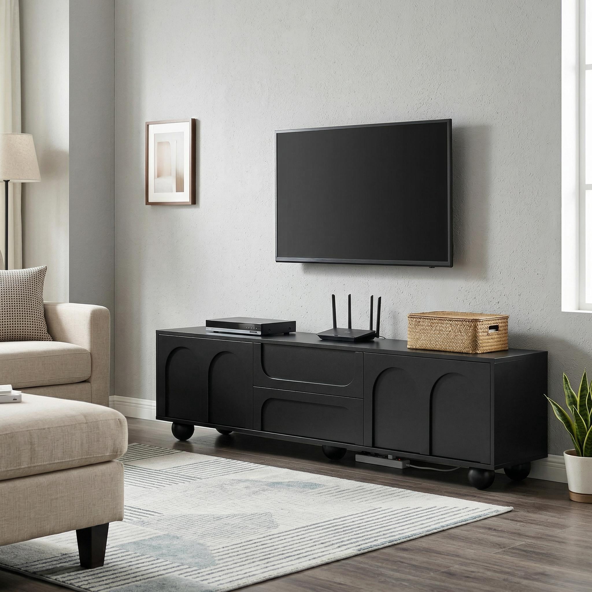 Homy Casa TV Stand for TVs up to 75", Modern Black Entertainment Center with Drawers
