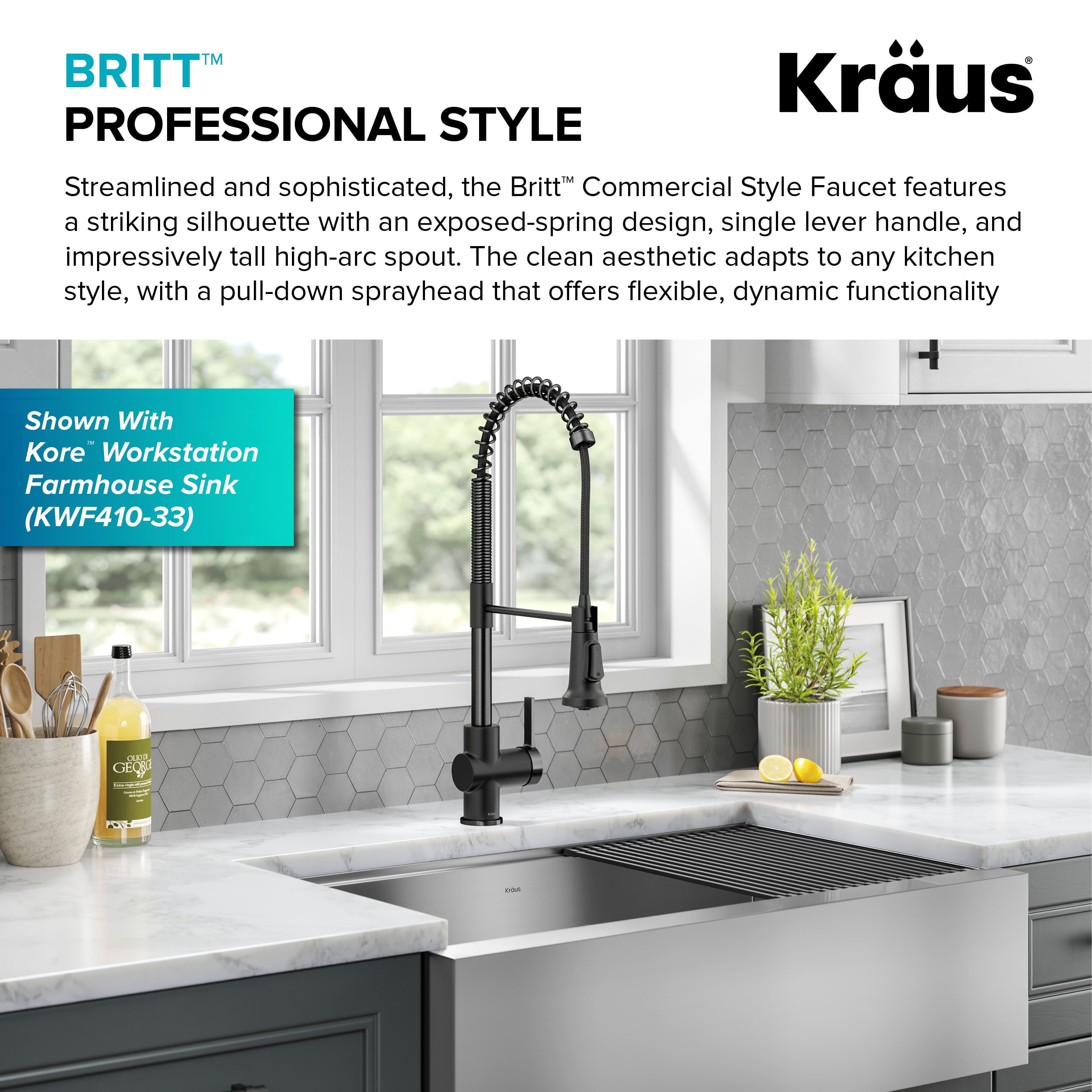 KRAUS Britt Commercial Style Pull-Down Single Handle Kitchen Faucet in Matte Black/Spot-Free Black Stainless Steel