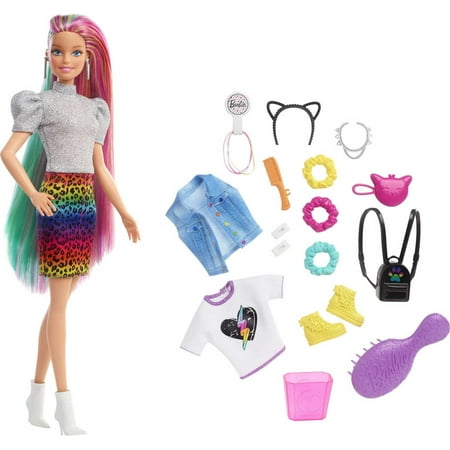Barbie Leopard Rainbow Hair Doll with Color-Change Hair & Styling Accessories, Blue Eyes