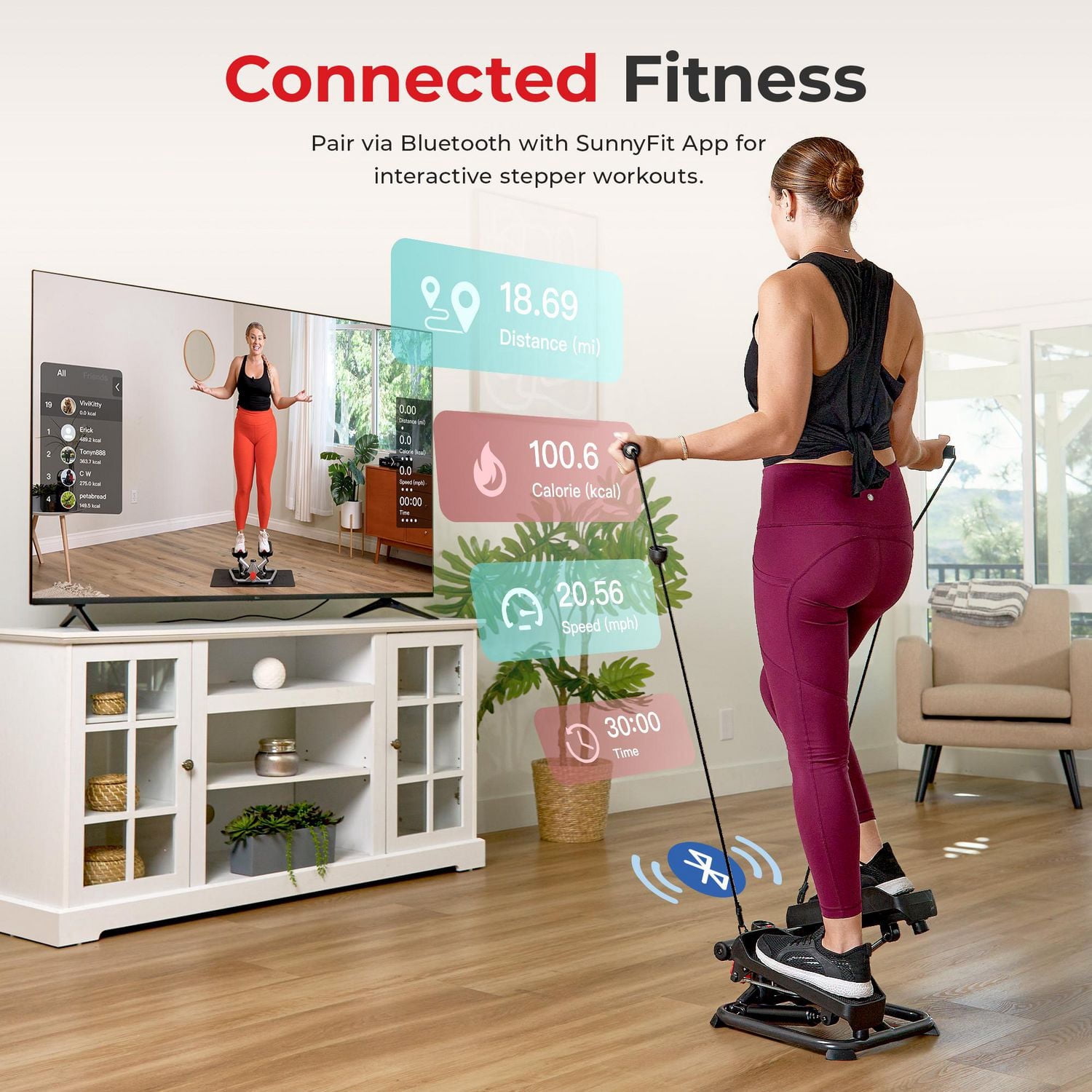 Sunny Health & Fitness Total Body Smart 2-in-1 Stepper Machine, Total Body Workout, Adjustable Hydraulic, LCD Monitor, Resistance Bands, Non-Slip Pedals with Optional Smart SunnyFit App