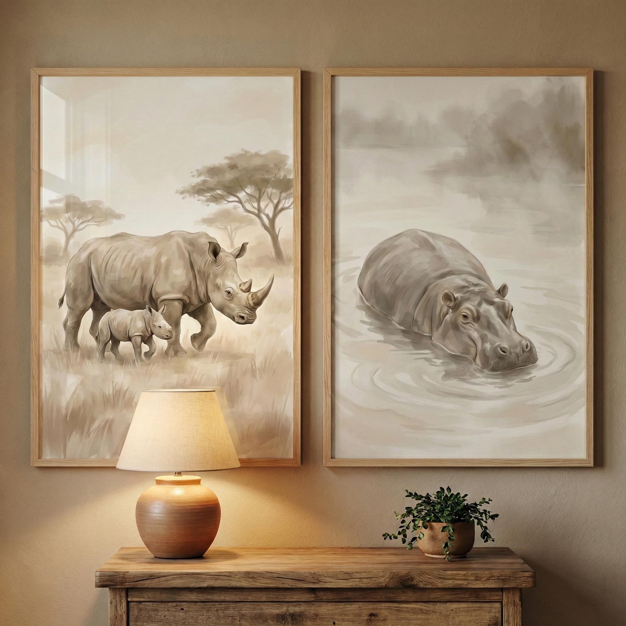 Safari Neutral Rhino And Hippo Animal Earth Tone Savanna Safari Nursery Poster, Set 2, Poster Only
