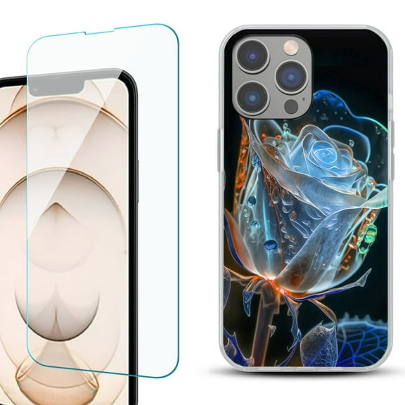 OneToughShield ® for iPhone 15 Pro Max Shockproof Fashion Phone Case, with Tempered Glass Screen Protector - Glowing Rose