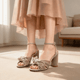 thumbnail image 4 of Women's Bow Knot Heeled Sandals Chic Pleated Bow Chunky Heels Wedding Shoes Adjustable Ankle Buckle Straps Block Sandals High Slingback Dress Shoes, 4 of 9