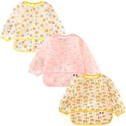 3 Pack Baby Long Sleeve Bib,Toddler Waterproof Smock With Pockets (6-48 Months)