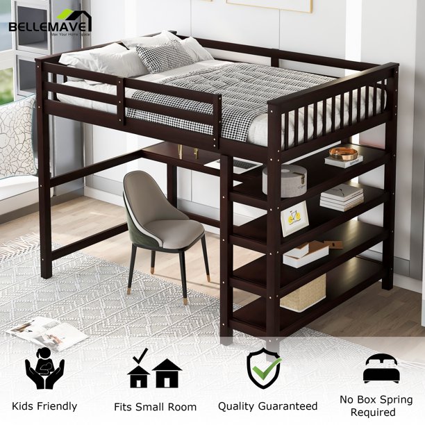 Bellemave Full Size Wood Loft Bed with Desk and Storage Shelves for