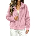 thumbnail image 4 of Women's Ribbed Fleece Zip Up Jacket Stand Collar Long Sleeve Soft Warm Plush Coat with Pockets Casual Loose Fit Fall Winter Outerwear Pink, 4 of 6