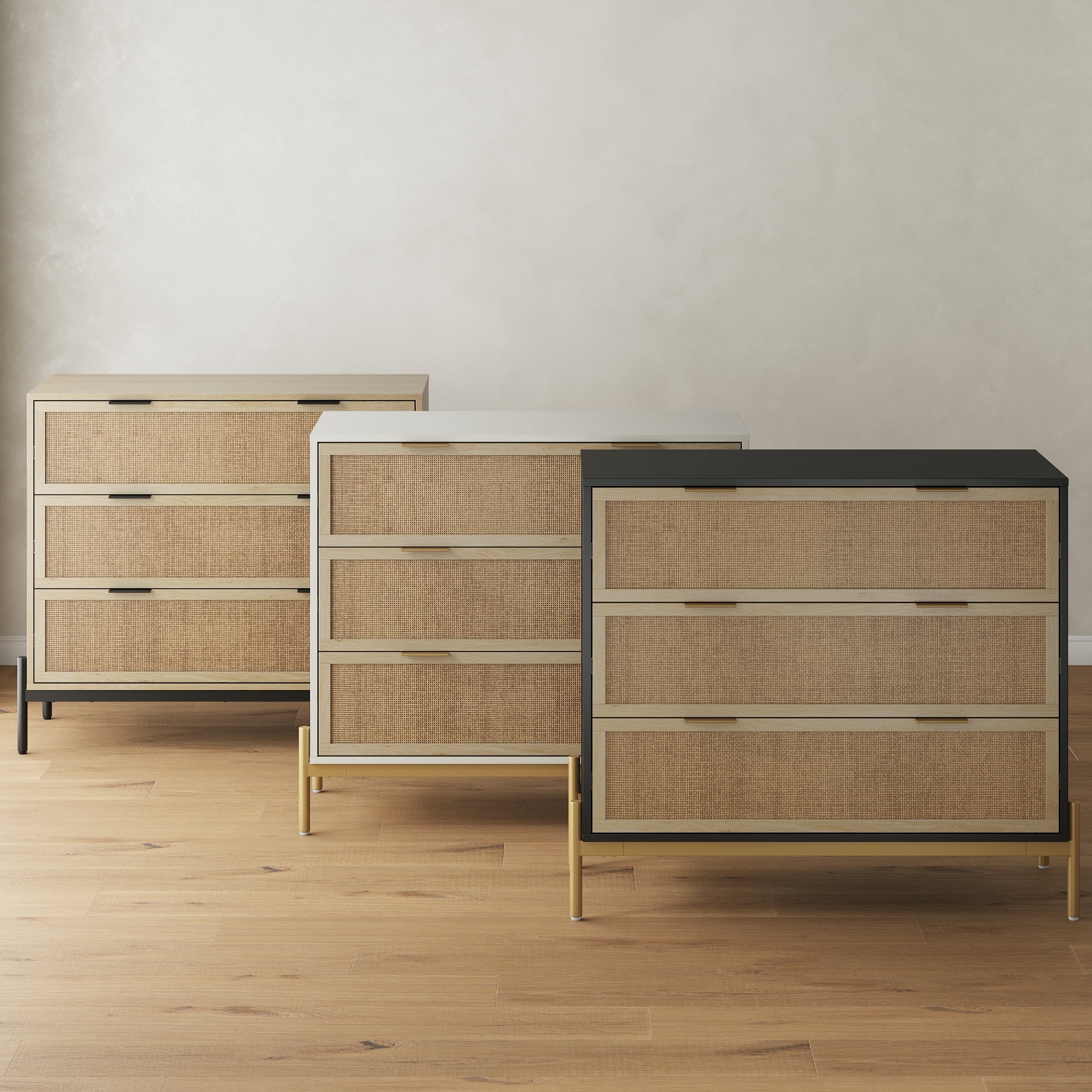 Nathan James Andrew 3-Drawer Chest Rattan Dresser, Bohemian Deep Drawer Dresser for Bedroom with Natural Rattan Accent and Metal Legs, Matte Black