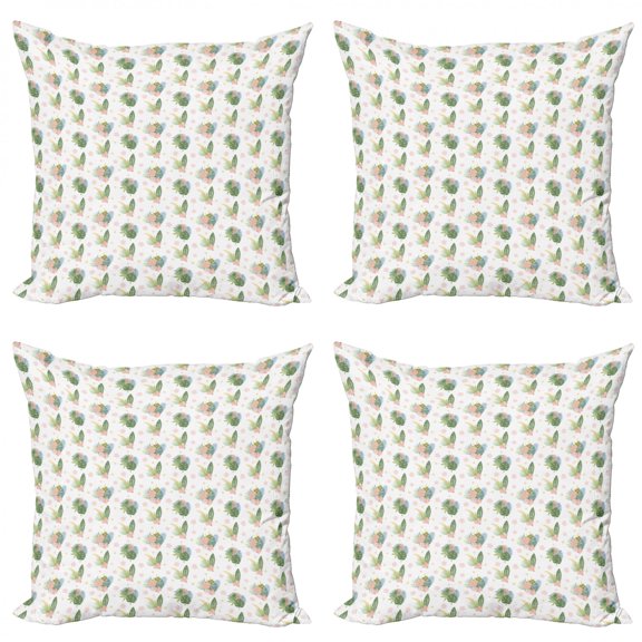 Philodendron Throw Pillow Cushion Case Pack of 4, Summer Tropic Pattern Leaves and Petals, Modern Accent Double-Sided Print, 4 Sizes, Reseda Green Blush, by Ambesonne
