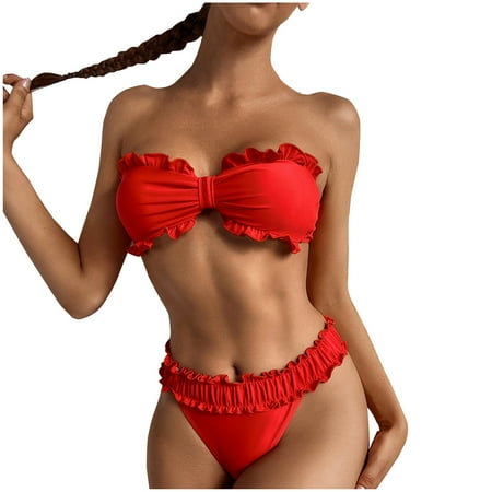 

VKEKIEO Two-Piece Sets Swimsuit Sport Bra Style Padded Red M