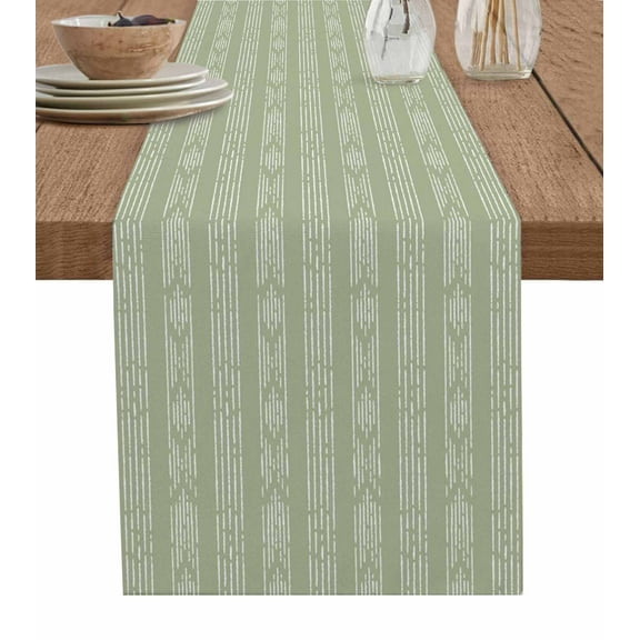 Sage Green Boho Burlap Cotton Table Runner 13x36 Inches Short, Bohemian Geometric Stripes Tribe Farm Farmhouse Table Runners, Outdoor Dining Tablecloths Decor for Baby Shower/Party/Wedding