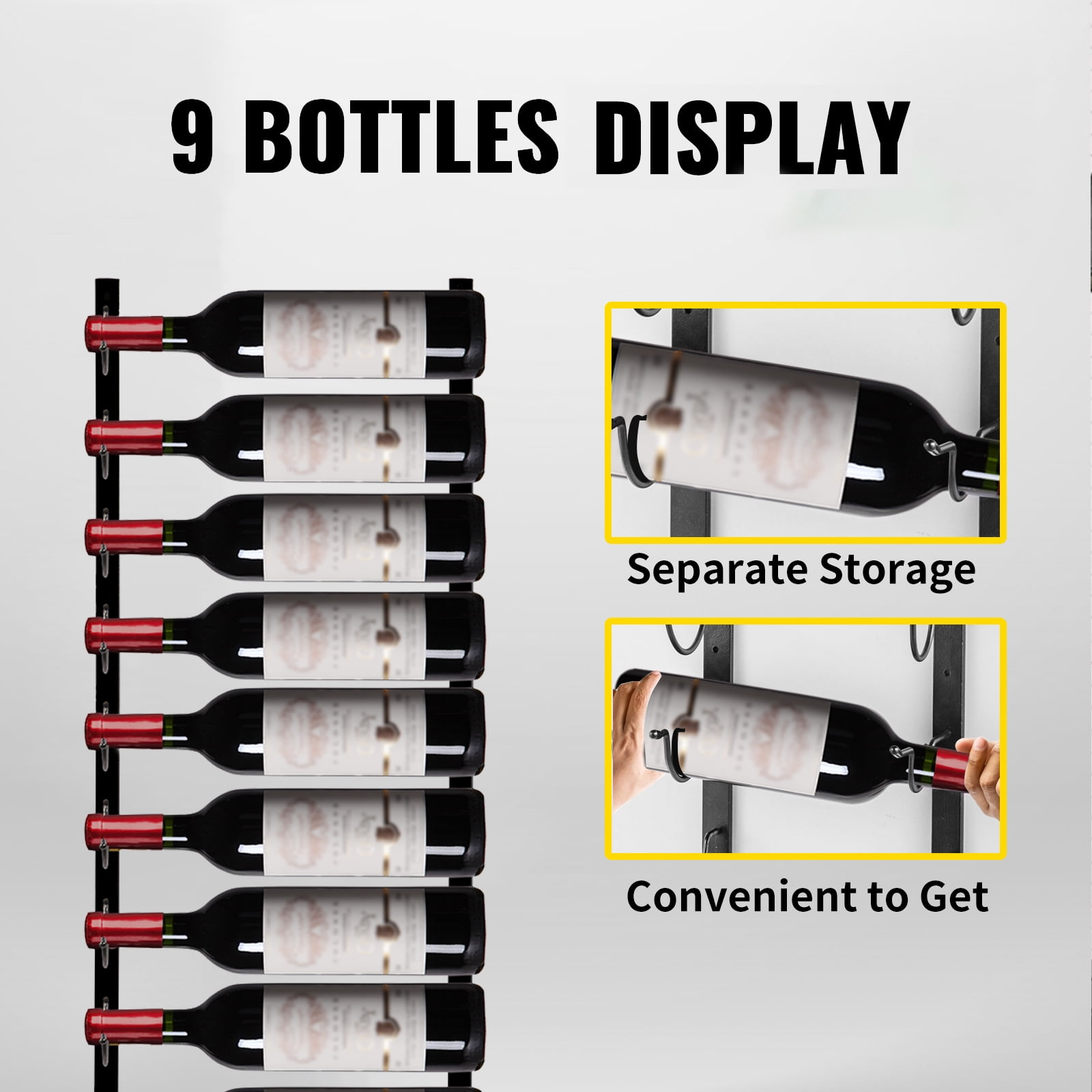 VEVOR Wall Mounted Wine Rack 9 Bottles,Wine Holder Towel Rack Black Steel Vertical Wine Rack, Modern Decorative Wall Mounted Wine Bottle Holder, Forward Design Simple Storage Wall Rack 35x6x1"