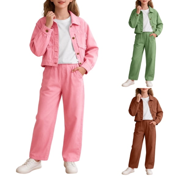 Ulanda Girls Ripped Button Down Denim Jackets with Straight Jeans Sets Loose Fall Winter Outfit for 3-13 Years (Pink, 11-12 Years)