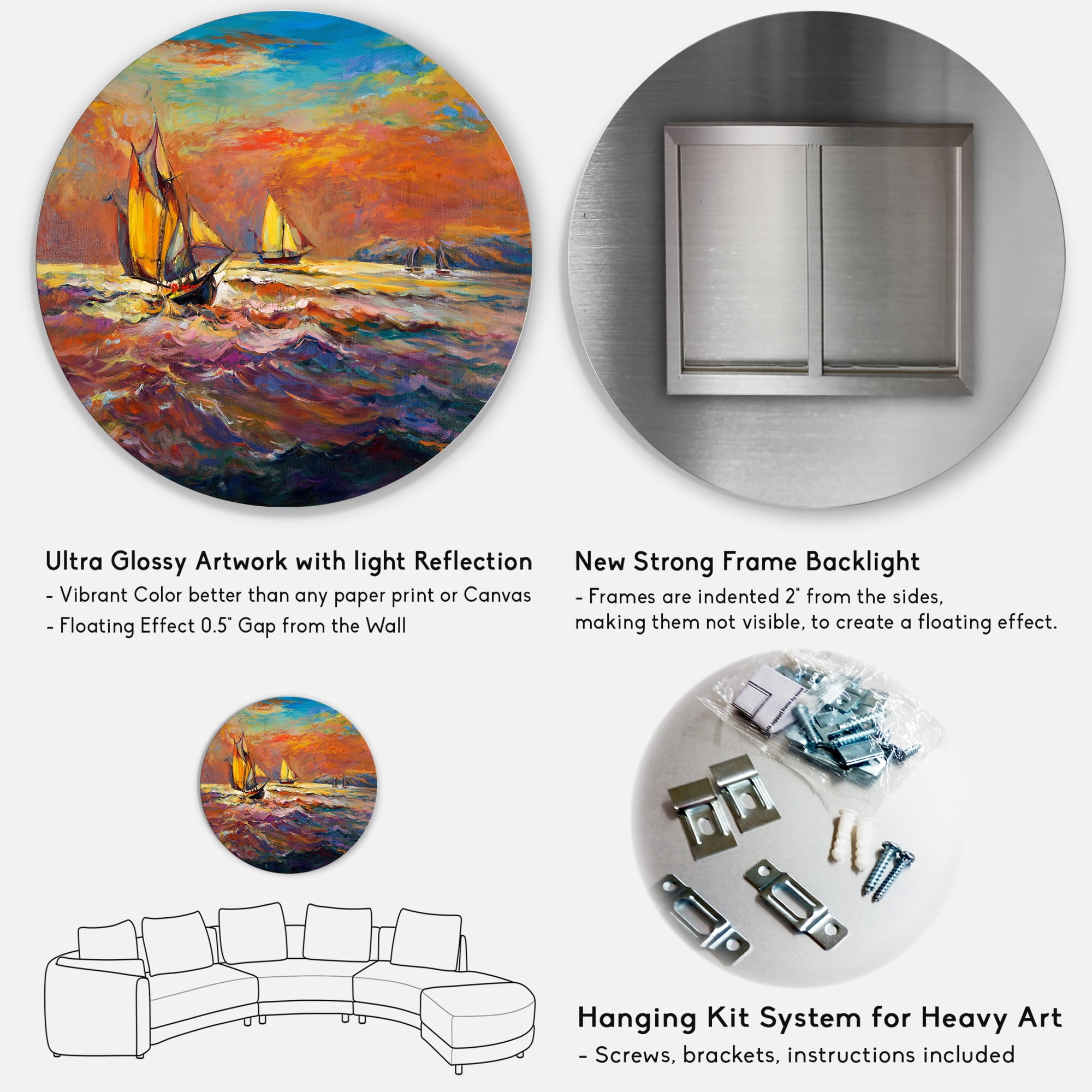 Designart 'Sailships On The Ocean Waves During Orange Evening Glow' Nautical & Coastal Circle Metal Wall Art 23x23 - Disc of 23