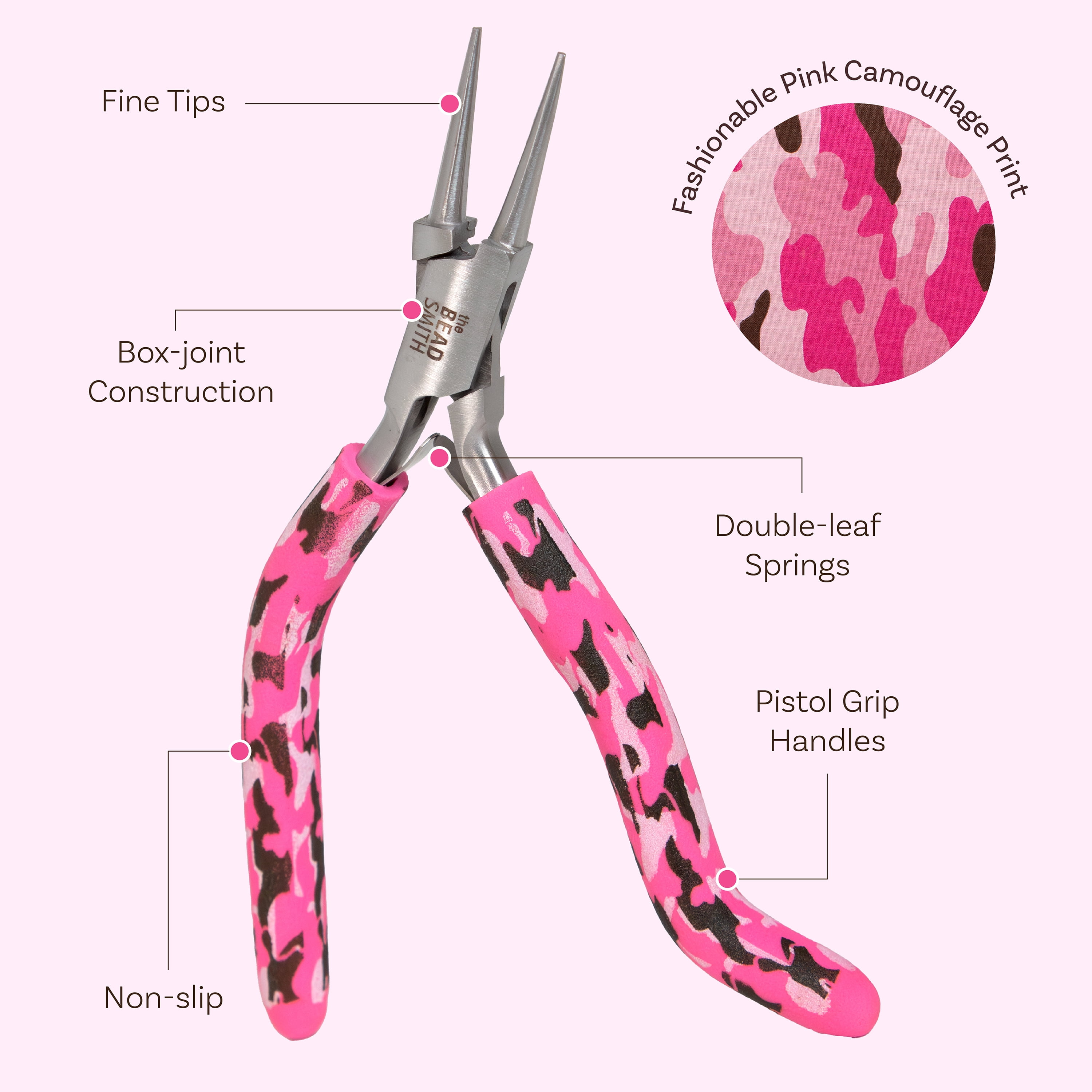 The Beadsmith Pink Camouflage Set - 6 Piece Kit: Pistol Grip Chain Nose, Round Nose, Flat Nose, Side Cutter Pliers w/ Tweezers, Reamer and Zippered Pouch – 6 Inch Jewelry Making Tools