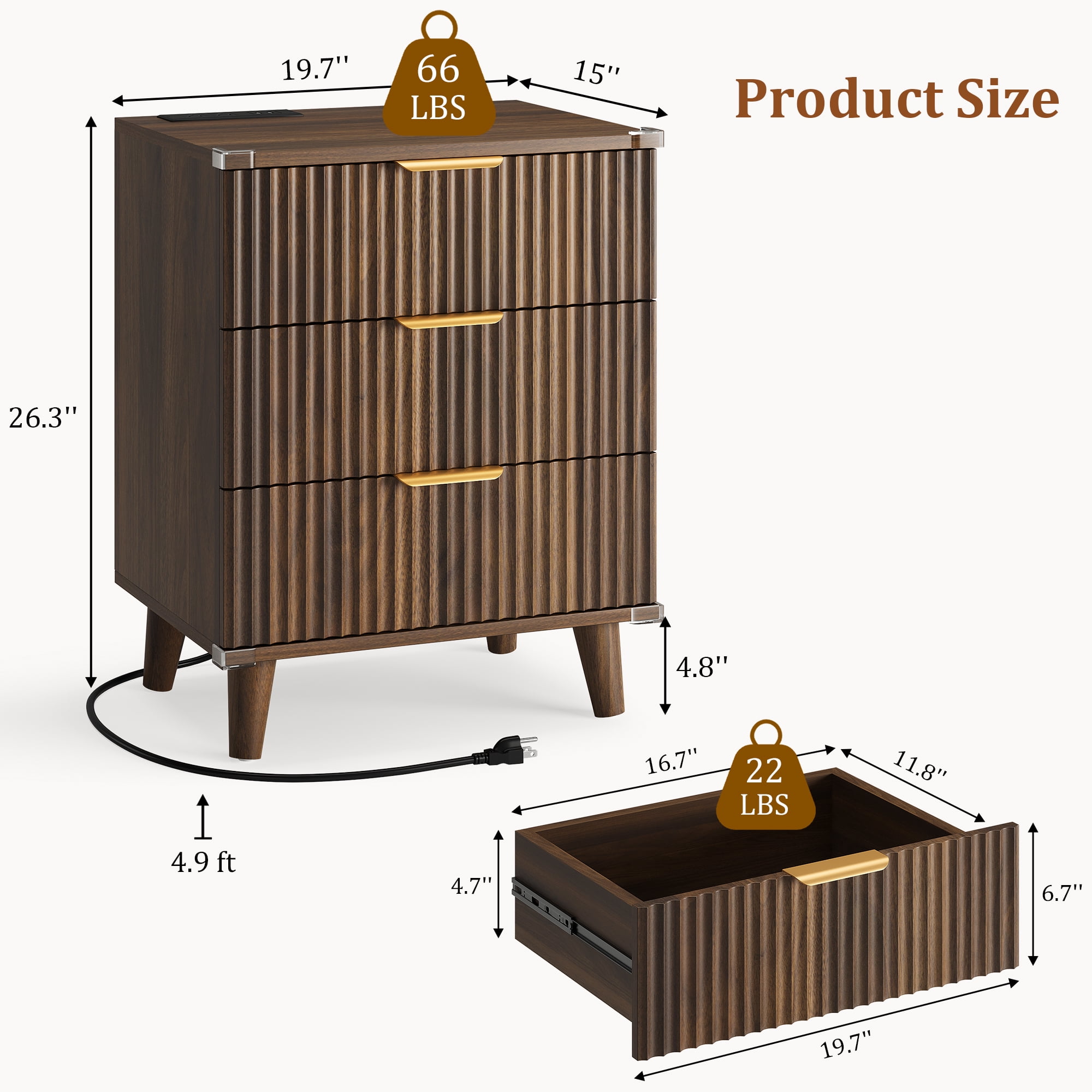 Aufeile Nightstand with Charging Station, 3 Drawer Nightstand for Bedroom, Fluted Bedside Table with USB Ports, Modern Wood Bedroom Side Table with Drawers, Walnut