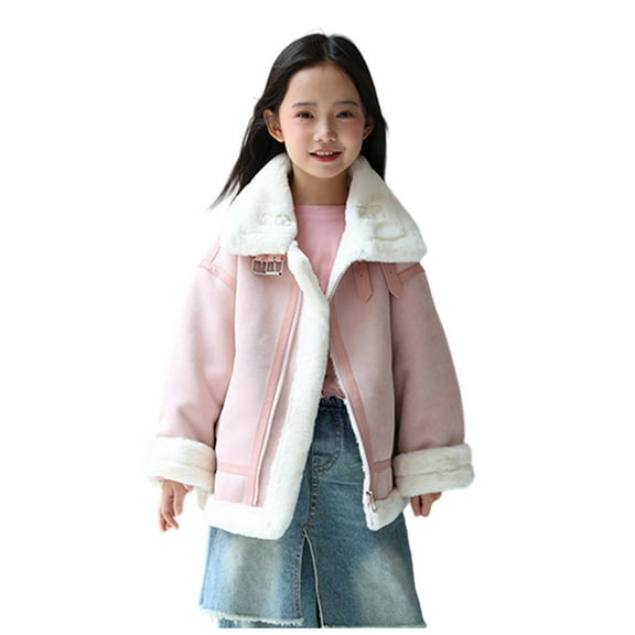 TEAJOPSUU Kids Sherpa Fleece Lined Jacket Winter Thickened Warm Flip Collar Casual Jacket Cozy Long Sleeve Cold Weather Outwear E-Pink