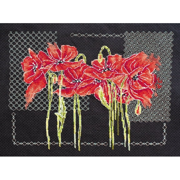 Wizardi Cross-Stitch kit - Poppies. Beginner Embroidery Kit for Adults. Cross-Stitch Supplies. Needle, Canvas, Scheme, Floss and Floss Organizer Kit. AH-138 Abris Art